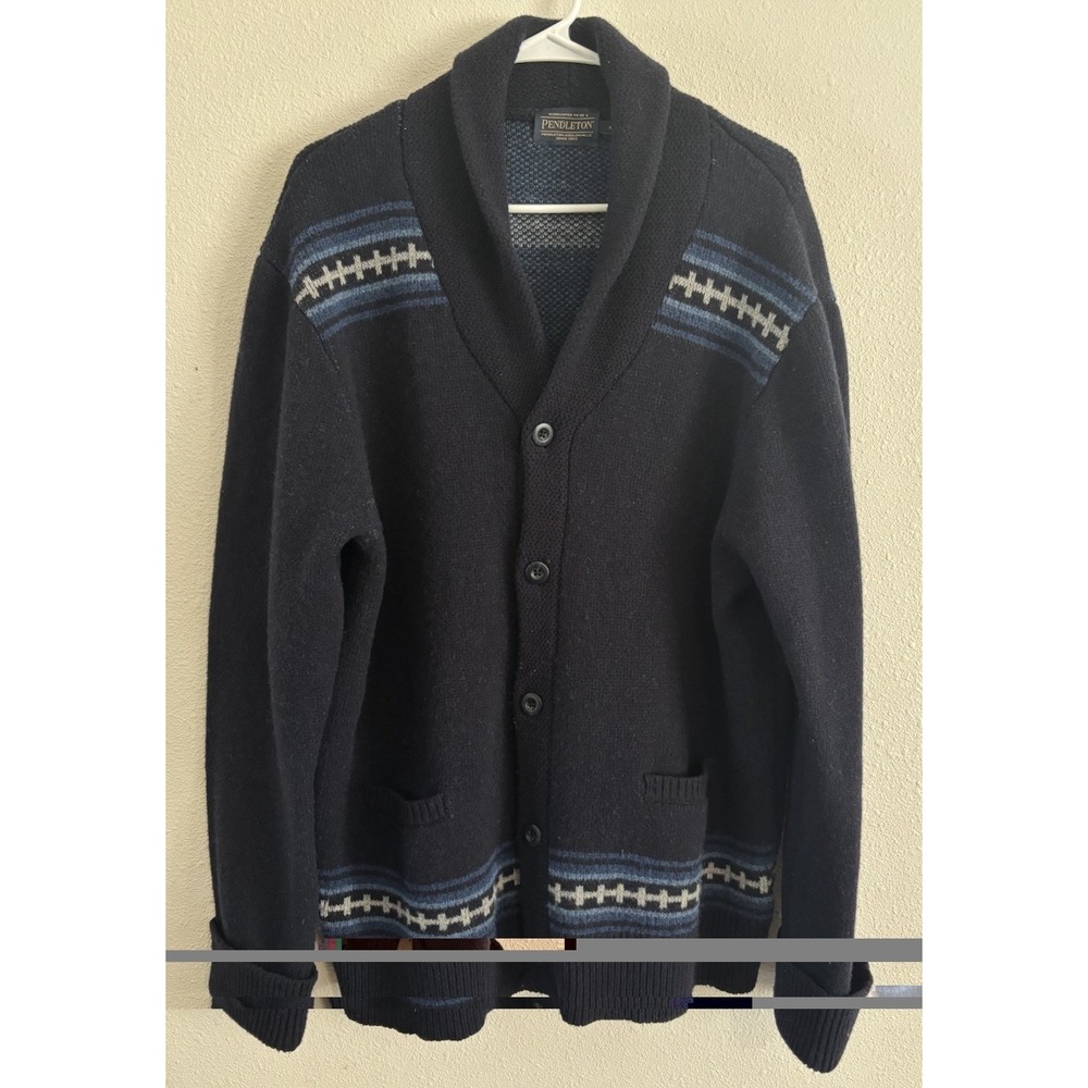 Pendleton Magic Valley Cardigan Mens XL Lambswool Navy Aztec Shawl Collar